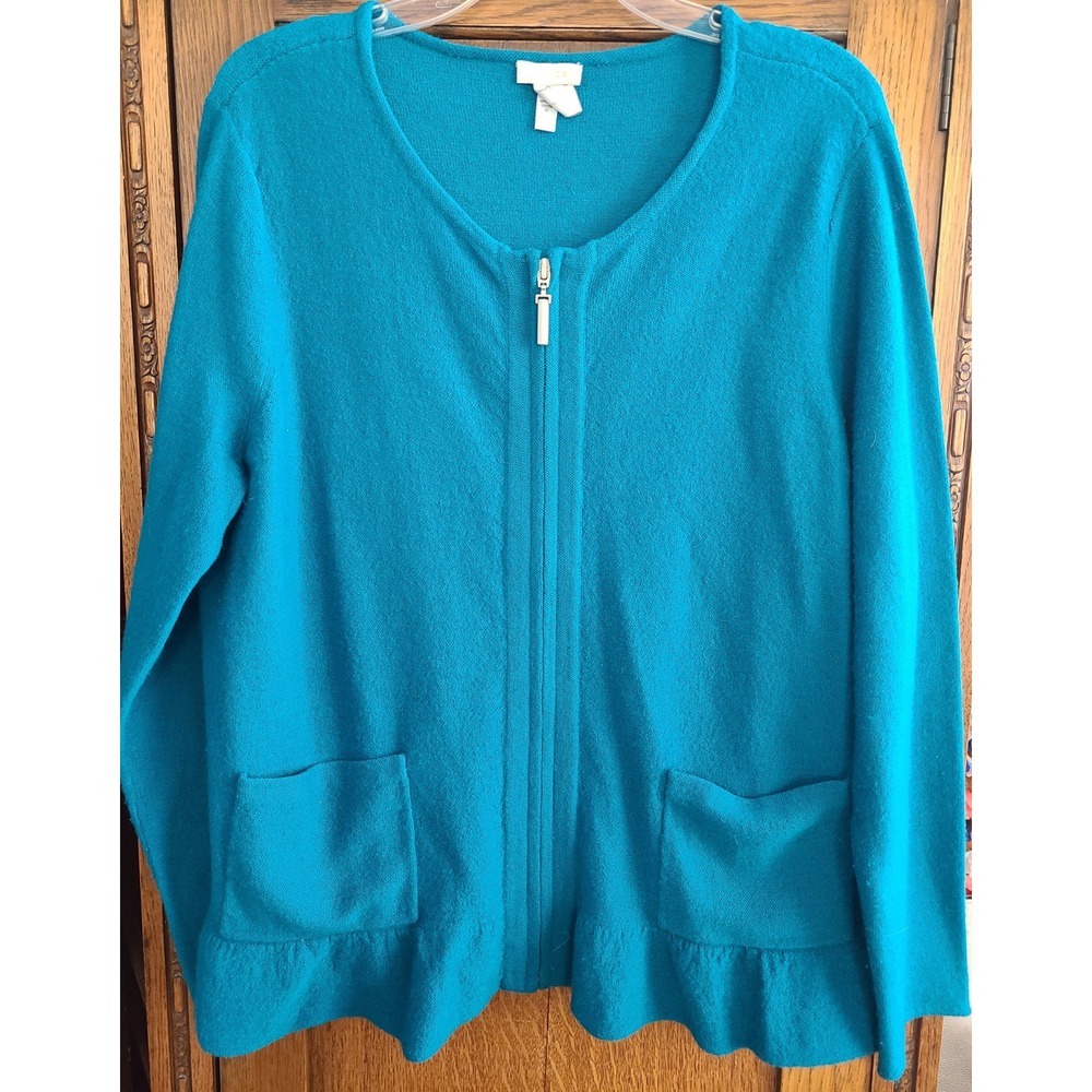 Chico's Blue 100% Wool Full Zip Ruffle Hem Cardigan Sweater Womens Size 3 Large